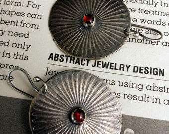 Sterling Minimalist Organic Textured Disc Earrings Garnets Oxidized Urban Metalsmith Earrings Vermont Artisan