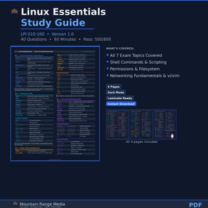 May include: A dark blue Linux Essentials Study Guide for LPI 010-160, version 1.6. The document features 40 questions, a 60-minute duration, and a 500/800 passing score. It covers seven exam topics, shell commands, scripting, permissions, and networking.