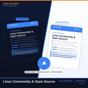 Może przedstawiać: Cyfrowy przewodnik do nauki zatytułowany PODS FOR CERTS Mountain Range Media zawierający dwie wersje Linux Essentials LPI 010-160 Topic 1.0 Linux Community & Open Source. W zestawie znajduje się edycja ciemna oraz wersja do druku.