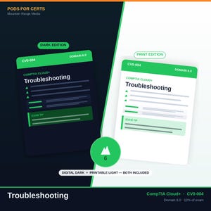 Pode incluir: Dois cartões de estudo para CompTIA Cloud+ CV0-004 Domínio 6.0 Solução de problemas. Um cartão tem fundo escuro com texto claro e o outro fundo branco com texto escuro. Ambos incluem cabeçalhos verdes, dicas de exame e ícones.