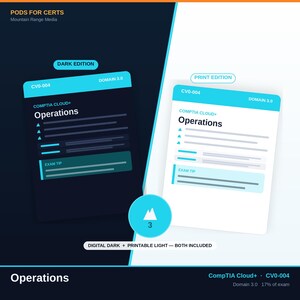 May include: Two study guide cards for CompTIA Cloud+ CV0-004 Domain 3.0 Operations. One card features a dark background with light text, labelled Dark Edition. The other card has a white background with dark text, labelled Print Edition. Both include exam tips.