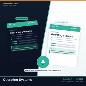 Può includere: Due guide di studio per CompTIA A+ 220-1202 Operating Systems, Domain 6.0. Una è una versione digitale in modalità scura e l'altra una versione stampabile in modalità chiara. Entrambe riportano il testo Pods for Certs, Mountain Range Media ed Exam Tip.