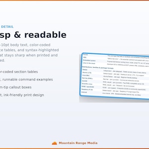 以下が含まれることがあります： 「ACTUAL DETAIL」および「Crisp & readable」というテキストと、色分けされたセクションテーブルや試験対策のヒントボックスなどの機能リストが記載されたデジタル画像。青い枠線の参照テーブルには、Linuxディストリビューションとパッケージ形式が表示されています。