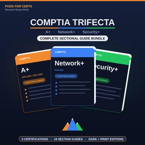 May include: A digital bundle titled COMPTIA TRIFECTA featuring A+, Network+, and Security+ sectional guides. The graphic displays three rectangular cards in orange, blue, and green, labeled with certification names, exam codes, and section counts, set against a dark blue background with a mountain logo.