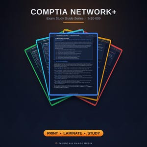 Może przedstawiać: Seria przewodników do egzaminu CompTIA Network+ N10-009 składająca się z wielu warstwowych stron z kolorowymi obramowaniami. Środkowa strona zawiera tekst o koncepcjach sieciowych i modelu OSI. Przycisk poniżej zawiera napis PRINT • LAMINATE • STUDY.