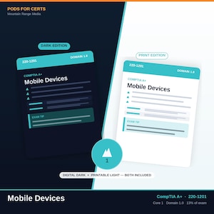 Può includere: Una guida allo studio intitolata PODS FOR CERTS Mountain Range Media che presenta due versioni del contenuto CompTIA A+ 220-1201 Mobile Devices. Un'edizione scura e una stampabile, entrambe con dominio 1.0, suggerimenti d'esame e testo.