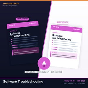 May include: Two study guide cards for CompTIA A+ 220-1202 Software Troubleshooting, Domain 8.0. One card features a dark background, the other a white background. Both include an Exam Tip section, bullet points, and a central circular icon with the number 8.