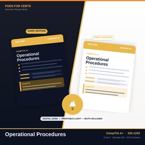 May include: Two study guide cards for CompTIA A+ 220-1202 Operational Procedures, Domain 9.0. One card features a dark background with yellow accents, labeled Dark Edition. The other has a white background with yellow accents, labeled Print Edition.