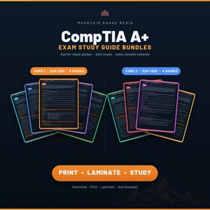 Może przedstawiać: Cyfrowy pakiet przewodników do egzaminu CompTIA A+ zawierający dziewięć dokumentów gotowych do druku w trybie ciemnym. Grafika przedstawia Core 1 220-1201 z pięcioma przewodnikami oraz Core 2 220-1202 z czterema, z tekstem Print, Laminate, Study.