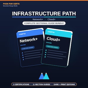 Puede incluir: Un paquete de estudio digital titulado Infrastructure Path que incluye dos guías CompTIA: Network+ N10-009 con 5 guías de sección y Cloud+ CV0-004 con 6 guías de sección. El gráfico azul oscuro incluye el texto Pods for Certs y Mountain Range Media.