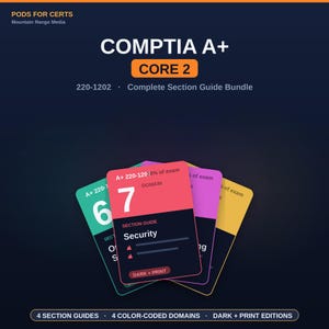 Pode incluir: Um conjunto de guias de estudo CompTIA A+ Core 2 220-1202 com quatro cartões codificados por cores. Os cartões exibem números de domínio, títulos de seção como Security e porcentagens de exame. O texto inclui Pods for Certs e Mountain Range Media.
