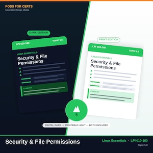 Może przedstawiać: Dwa przewodniki do nauki Linux Essentials LPI 010-160 Topic 5.0 zatytułowane Security & File Permissions. Jeden to edycja ciemna z czarnym tłem i zielonymi akcentami, drugi to edycja do druku z białym tłem i zielonymi akcentami.