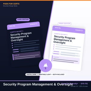 May include: Two study guides for CompTIA Security+ SY0-701 Domain 5.0 titled Security Program Management & Oversight. One is a dark edition with purple accents, and the other is a print edition with a white background. Both include exam tips.