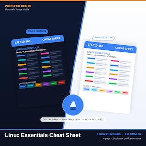 Może przedstawiać: Ściąga Linux Essentials LPI 010-160 zawierająca wersję ciemną i wersję do druku. Dokument zawiera terminy, polecenia i koncepcje z kolorowymi blokami do szybkiego przeglądu. Tekst głosi Pods for Certs, Mountain Range Media oraz Digital Dark + Printable Light — Both Included.