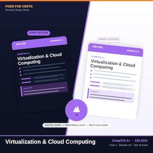 May include: Two study guide cards for CompTIA A+ 220-1201 Domain 4.0 Virtualization & Cloud Computing. One card is a dark edition with purple accents, and the other is a print edition with a white background. Both include exam tips and text.