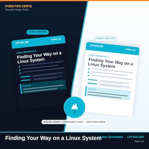 Może przedstawiać: Dwa przewodniki do nauki zatytułowane Finding Your Way on a Linux System, LPI 010-160, Topic 2.0. Jeden to edycja ciemna z czarnym tłem i cyjanowymi akcentami, drugi to edycja do druku z białym tłem i cyjanowymi akcentami. Zawiera exam tip.