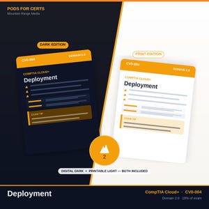 May include: Two study guide cards for CompTIA Cloud+ CV0-004 Domain 2.0 Deployment. One card features a dark theme with orange accents, and the other features a light theme with orange accents. Both include text labels for Dark Edition, Print Edition, and Exam Tip.