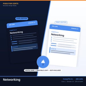 May include: A digital study guide for CompTIA A+ 220-1201 Networking Domain 2.0, featuring a dark mode version and a light print edition. The design includes blue headers, bulleted lists, and an exam tip section, with a central blue circular icon.