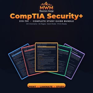 May include: A CompTIA Security+ SY0-701 study guide bundle featuring five pages with colored borders in blue, red, orange, green, and purple. The text includes MWM Mountain Range, All 5 Domains, 34 Pages, Dark-Mode, Print-Ready, and Print, Laminate, Study.