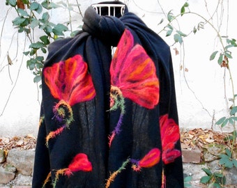 Poppy Flower Scarf, Long Oversized Felted Shawl, Black And Red Large Wrap, Felt Embroidery Accessory, Warm Winter Merino Cashmere Gift
