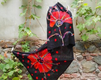 Oversized Nuno Felt Shawl, Red Flower Black Scarf, Large Needle Felt Wrap, Unique Felted Scarf, Bohemian Accessory, Merino Wool / Cashmere