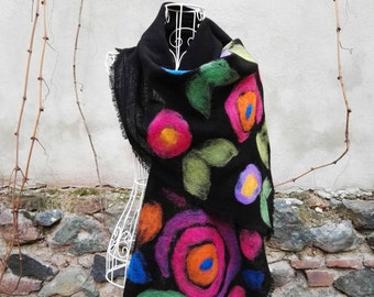 Felted Scarf Handmade, Felted With Colorful Roses Black Floral Wool Scarf, Handmade Christmas Gift For Women