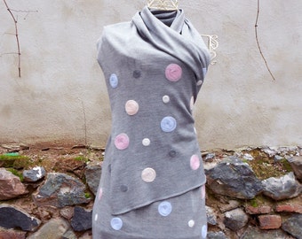 Knit scarf, Needle Felted With Polka Dots In Pastel Colors Wool Scarf, Machine Knitted Grey Boho Shawl, Warm  Christmas Gift