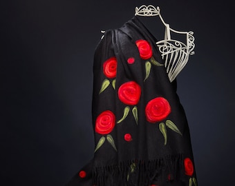 Cashmere Felt Scarf, Black Felted Blanket Wrap, Red Roses Shawl, Felted Floral Scarf, Oversized Scarf, Hand Painted, Valentines Gift For Her
