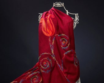 Burgundy Red Embroidered Scarf, Felted Red Tulips Shawl, OOAK Handmade Wrap, Gift For Her