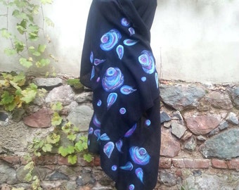 Black Felted Shawl with Blue Roses - Elegant Wrap for Her