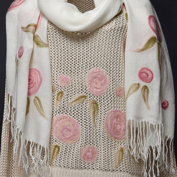 Ivory white sweater and shawl set with felted roses decoration in pale pink