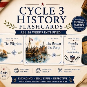 May include: Cycle 3 History Flashcards set featuring 24 weeks of educational content. Includes cards depicting The Pilgrims, The Boston Tea Party, and the U.S. Constitution. The cards are 4x6 inches and feature historical illustrations, text, and compass motifs.