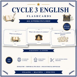 以下が含まれることがあります： 24週間分のCycle 3 Englishフラッシュカードセット。10x15cmのデジタルファイル、両面PDF、個別のPNGが含まれています。カードには、本、ステージ、文のパターンのイラストとともに教育的な質問が記載されています。