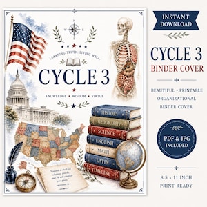 Op de afbeelding: Een afdrukbare Cycle 3-ringbandomslag met een Amerikaanse vlag, het Amerikaanse Capitool en een kaart van de Verenigde Staten. Het ontwerp bevat een stapel boeken, een wereldbol en een illustratie van een menselijk skelet. De tekst bevat "Cycle 3" en "Direct downloaden."