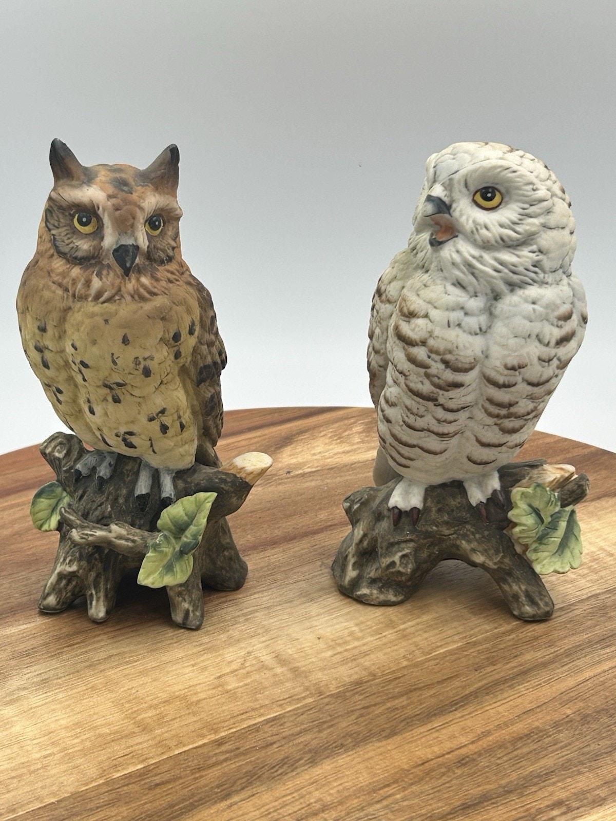 Vtg Angelique Original Owl Figures 2 Hand Painted Japan Porcelain Brown & Snowy