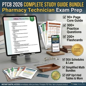 Peut inclure: Un ensemble de préparation à l'examen de technicien en pharmacie PTCB 2026 comprenant une tablette sur support, des documents imprimés, un smartphone, des lunettes et un stylo. Le texte indique 90+ pages de guide, 300 questions et 200 cartes mémo.