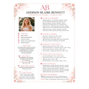 May include: A resume template featuring a floral border with pink flowers, the name Addison Blaire Bennett, and the initials AB. It includes sections for contact info, education, experience, and skills, with a placeholder photo of a person.