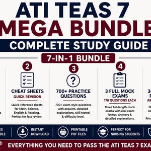 Pode incluir: Um recurso de estudo digital intitulado ATI TEAS 7 MEGA BUNDLE, atualizado para 2026. Este pacote 7 em 1 inclui um guia de estudo de 56 páginas, folhas de revisão, 700+ questões de prática, 3 exames simulados e 301 flashcards imprimíveis.