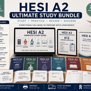 Op de afbeelding: Een HESI A2 complete studiebundel met een laptop en tablet die studiegidsen, oefenvragen en proefexamens tonen. Bevat zeven vakspecifieke studiegidsen, flashcards, een spiekbriefje en studieplanners voor een grondige voorbereiding.