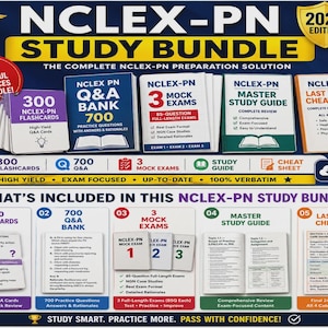 May include: An NCLEX-PN 2026 study bundle featuring five resources: 300 flashcards, a 700-question Q&A bank, 3 mock exams, a master study guide, and a last-minute cheat sheet. The digital download includes comprehensive exam preparation materials.