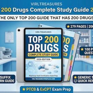 Puede incluir: Una tableta digital y un libro titulado Top 200 Drugs Complete Study Guide 2026. La portada muestra cápsulas azules y blancas, el texto Pharmacy Tech Certification Exam Prep y el sitio web virltreasuresrigfiles.com. Incluye 279 páginas, 200 medicamentos y 100 preguntas de práctica.