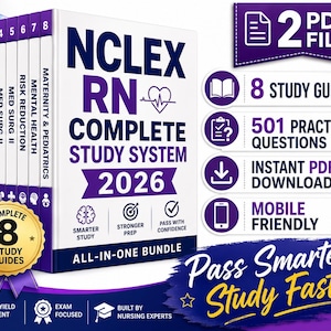 Può includere: Un set di libri NCLEX RN Complete Study System 2026 bianco e viola con otto guide di studio, 501 domande di pratica e accesso PDF digitale. Il kit include argomenti come le basi, la farmacologia e la salute mentale con un sigillo dorato.