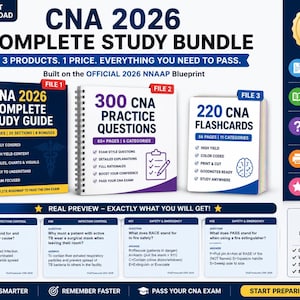 Pode incluir: Um pacote de estudo completo CNA 2026 com três arquivos digitais: um guia de estudo, 300 questões de prática e 220 flashcards. O pacote inclui mais de 445 páginas, 520 itens de prática e materiais bônus como resumos e listas de verificação.