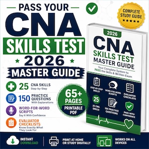 Puede incluir: Un libro de estudio 2026 CNA Skills Test Master Guide con portada blanca, verde y azul oscuro. El texto dice Pass Your CNA Skills Test 2026 Master Guide, incluyendo 25 habilidades paso a paso, 150 preguntas de práctica y 65+ páginas imprimibles.