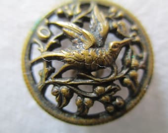 Antique 19th Century Brass Picture Button Openwork Hummingbird Vintage Metal