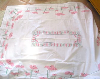 Vintage Andre Richard Pink Poppy Tablecloth VG 50" X 68" SWEET!