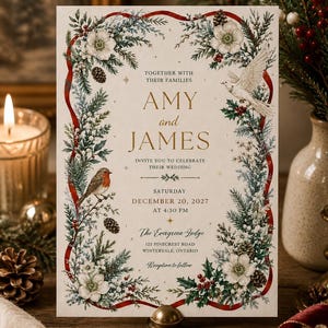 May include: A wedding invitation card featuring a festive border of evergreen branches, white flowers, red berries, pinecones, a robin, and a white dove. The text reads: Together with their families Amy and James invite you to celebrate their wedding Saturday December 20, 2027 at 4:30 PM The Evergreen Lodge 123 Pinecrest Road Wintervale, Ontario Reception to follow.