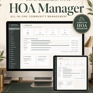 May include: A digital management system titled HOA Manager for all-in-one community management. The display shows a dashboard with budget, meeting, and activity tracking. Features include offline access, auto-save, and lifetime use with no monthly fees.