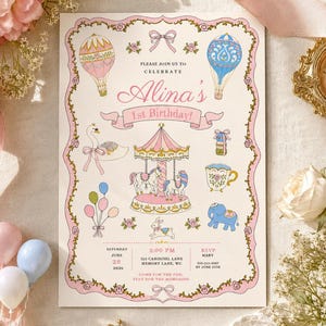 Puede incluir: Una tarjeta de invitación rectangular con un borde floral rosa que presenta ilustraciones de globos aerostáticos, un carrusel, un cisne, una taza de té y un elefante. El texto dice: Please join us to celebrate Alina's 1st Birthday, Saturday June 28 2026.