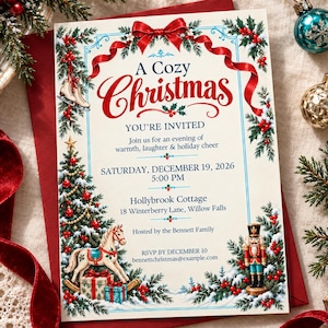 Könnte beinhalten: Eine cremefarbene Weihnachtseinladungskarte mit roter Schleife, Tannenzweigen, Stechpalmenbeeren, geschmücktem Baum, Schaukelpferd und Nussknacker. Der Text lautet A Cozy Christmas, You're Invited, Saturday, December 19, 2026, 5:00 PM.